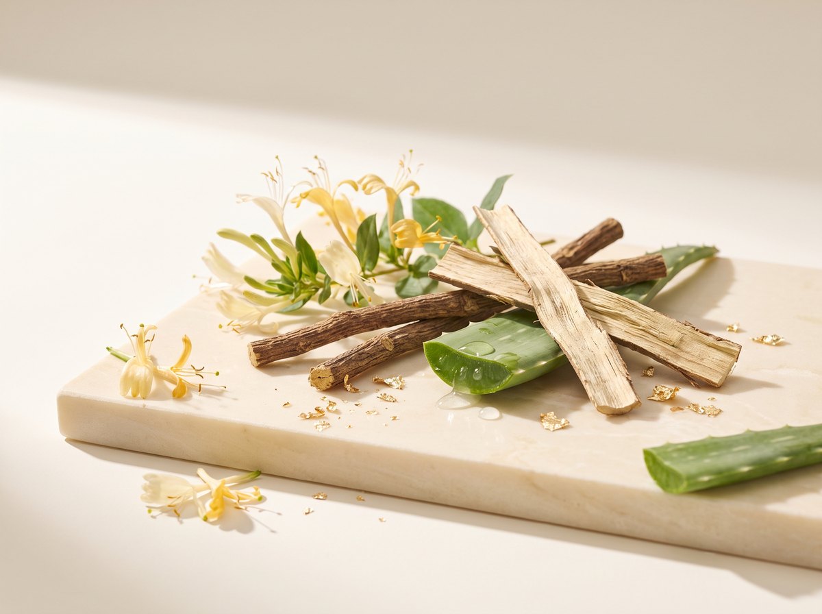Honeysuckle, licorice root, witch hazel bark, aloe and gold leaf on cream stone