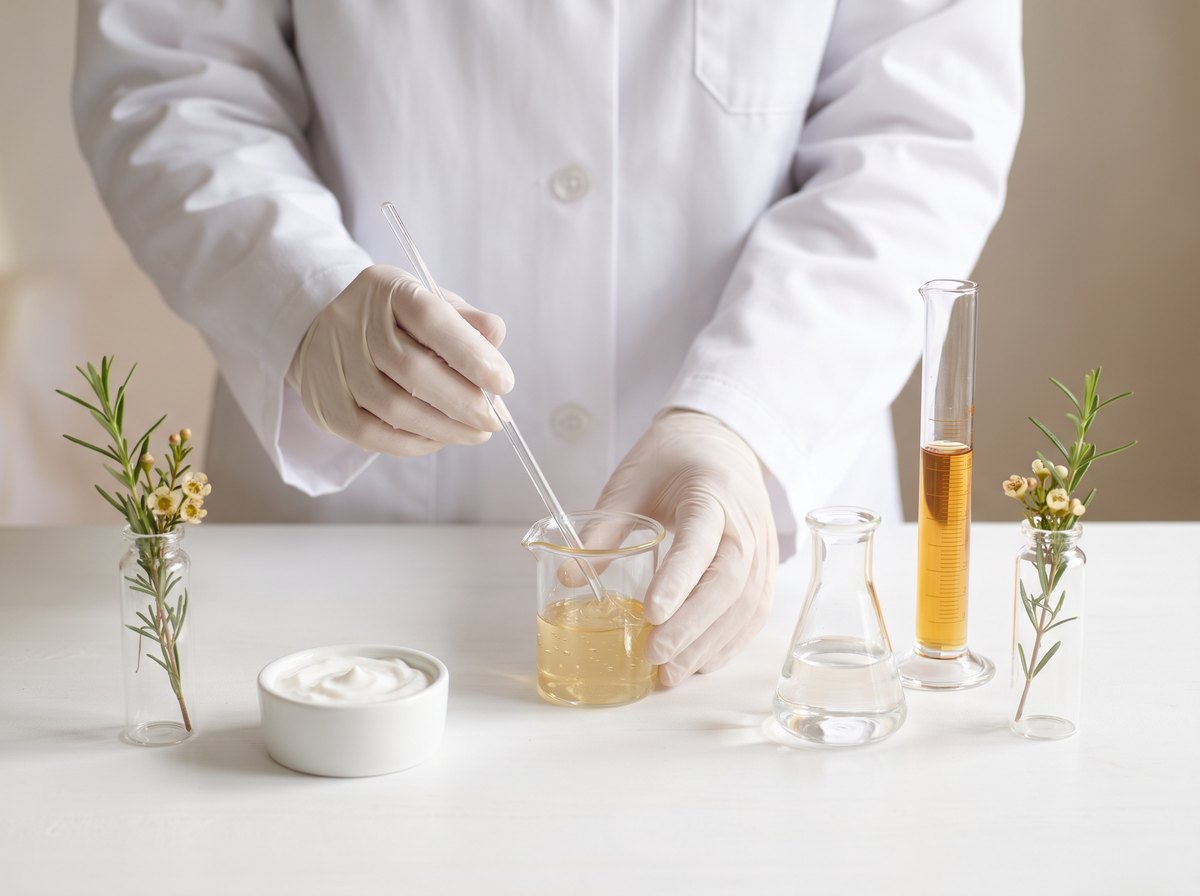 The gel being formulated in the lab alongside its botanical inputs