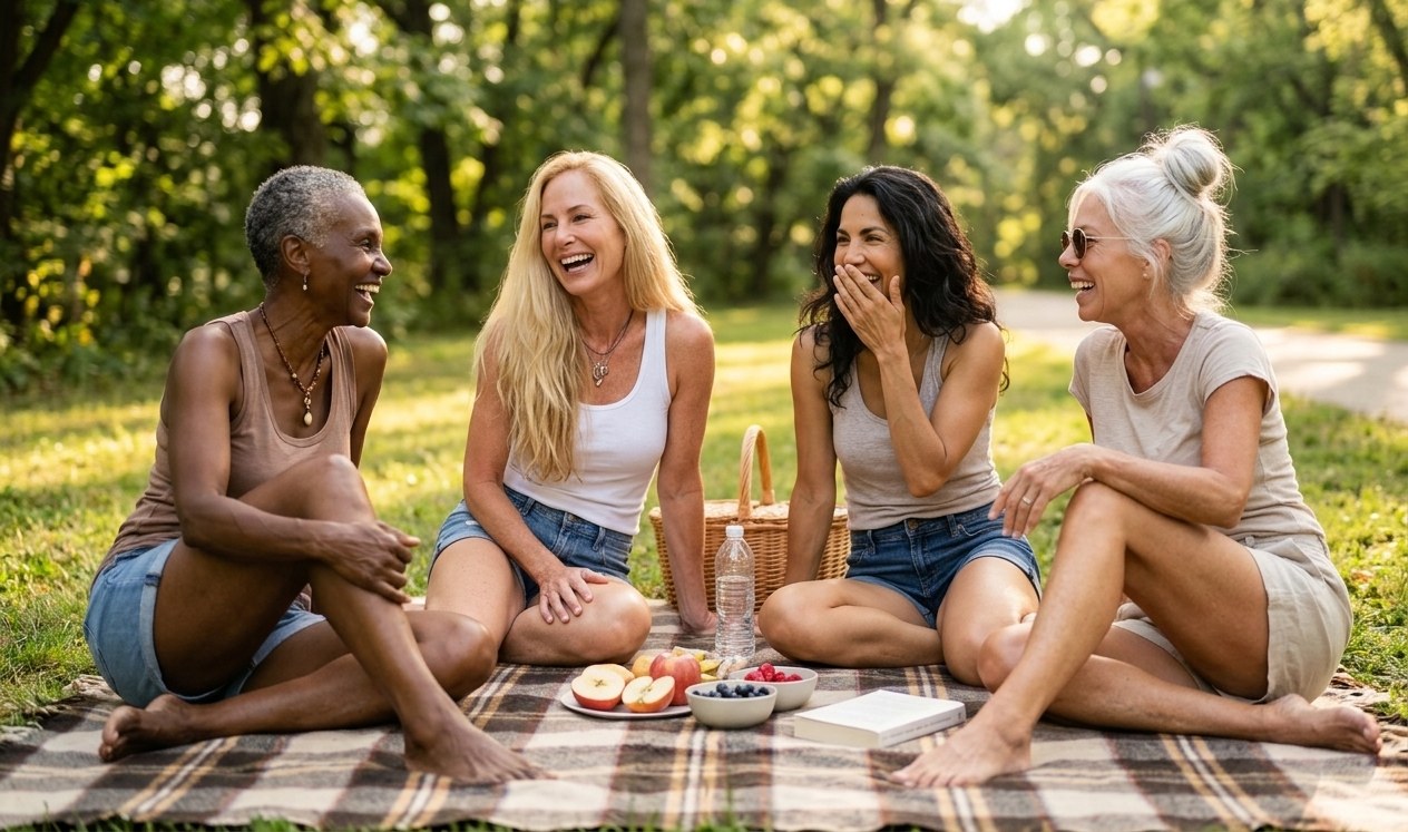 Friends laughing together in the park in summer shorts