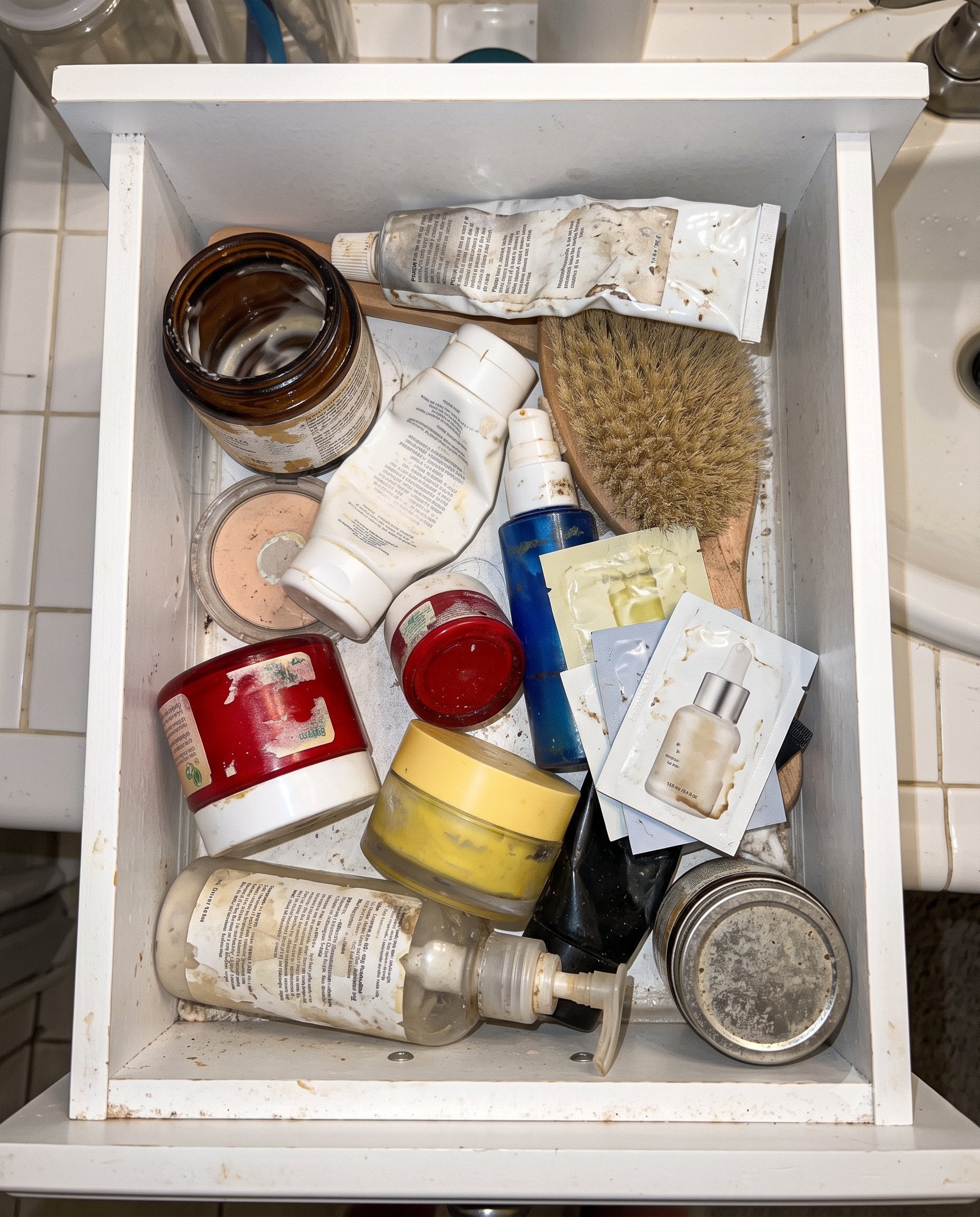 The graveyard of half-used firming jars under the sink