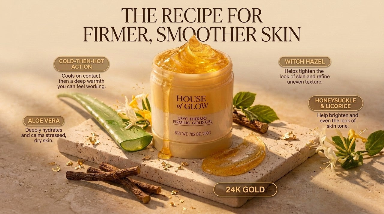 The Cryo Thermo Gold Gel with its ingredients: 24K gold, honeysuckle, licorice, aloe and witch hazel