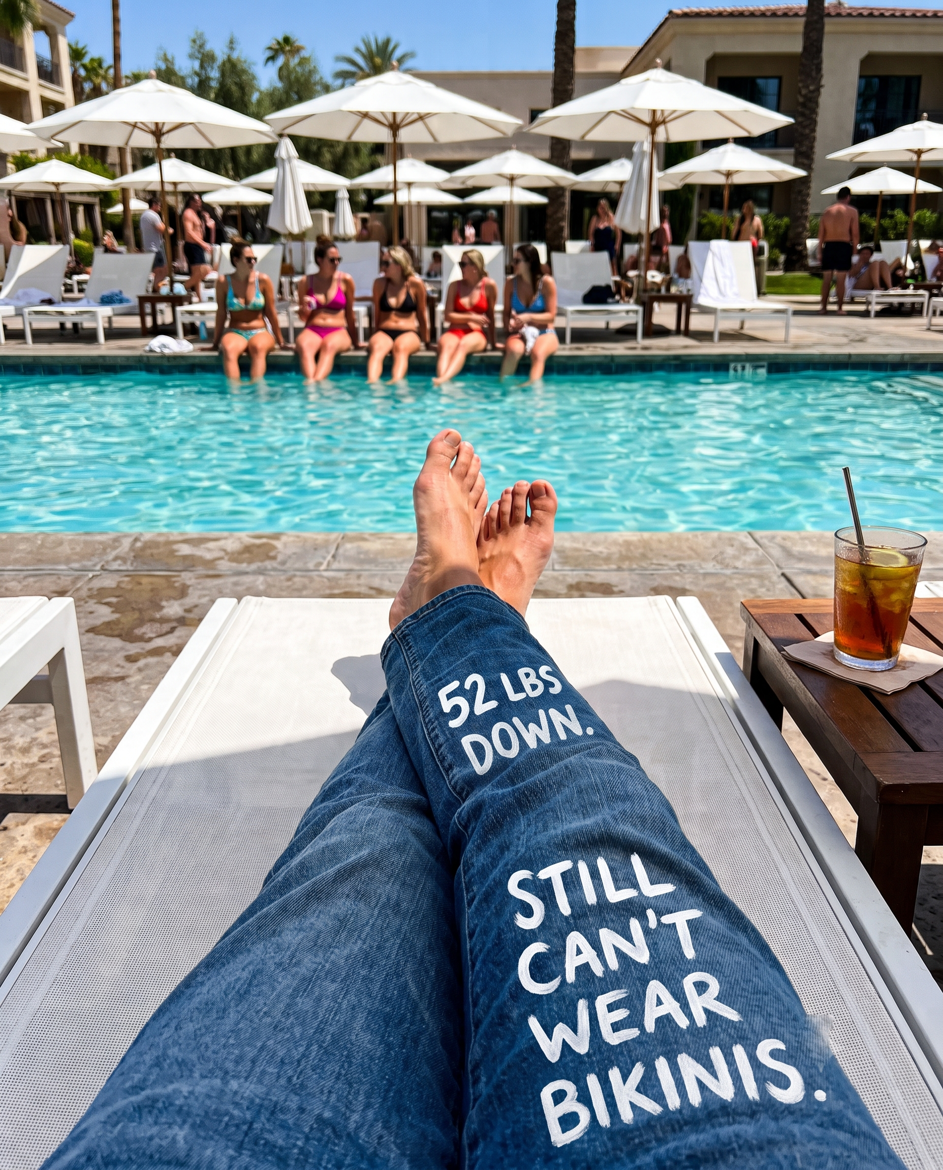 52 pounds down, still in jeans at the pool