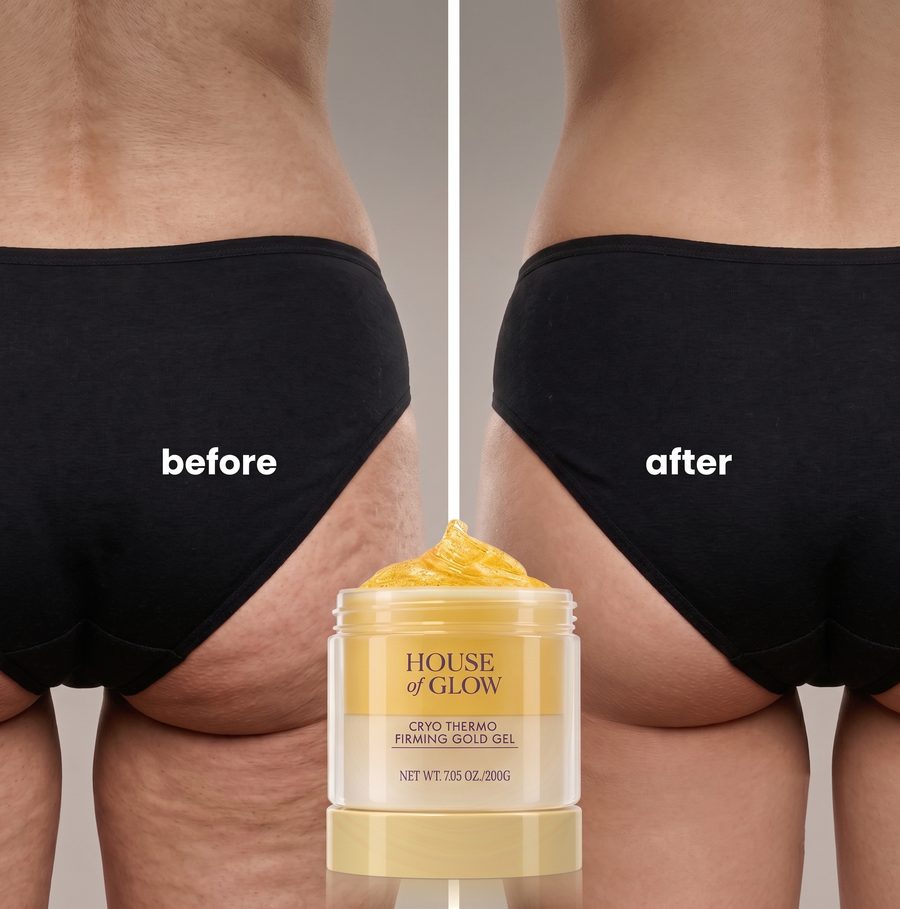 Before and after: visible skin smoothing, with the House of Glow Cryo Thermo Firming Gold Gel jar between the two panels