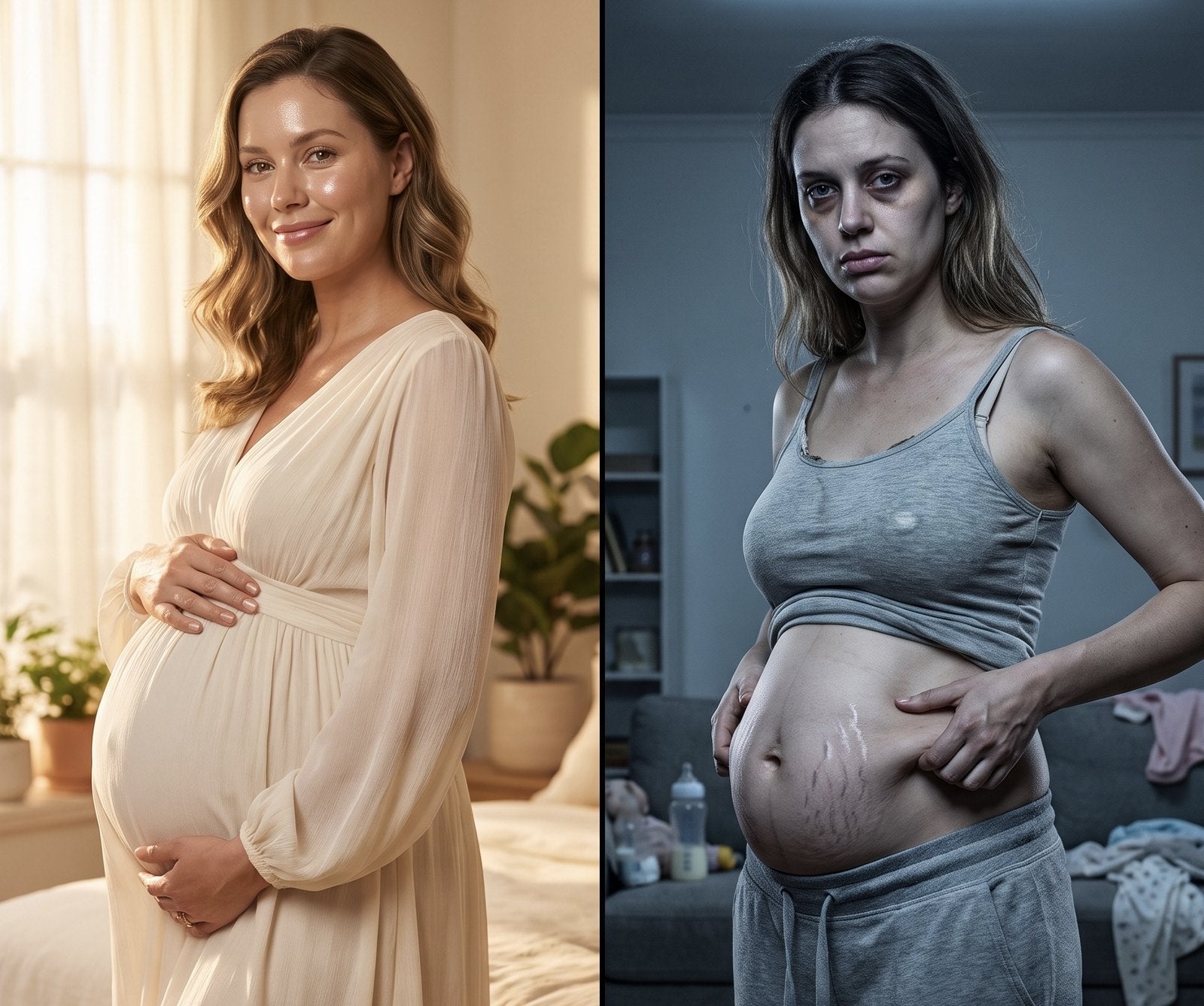 A mother before and after: pregnant and glowing, then postpartum and worn down
