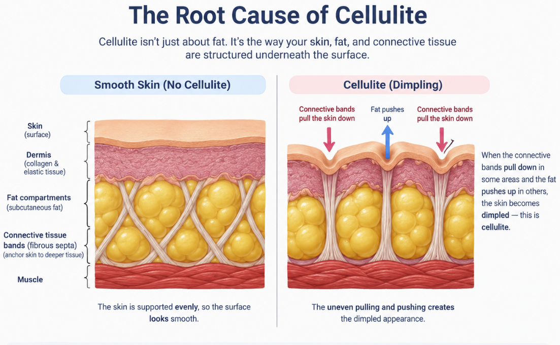 Diagram comparing smooth skin to cellulite, showing connective bands pulling the skin down and fat pushing up